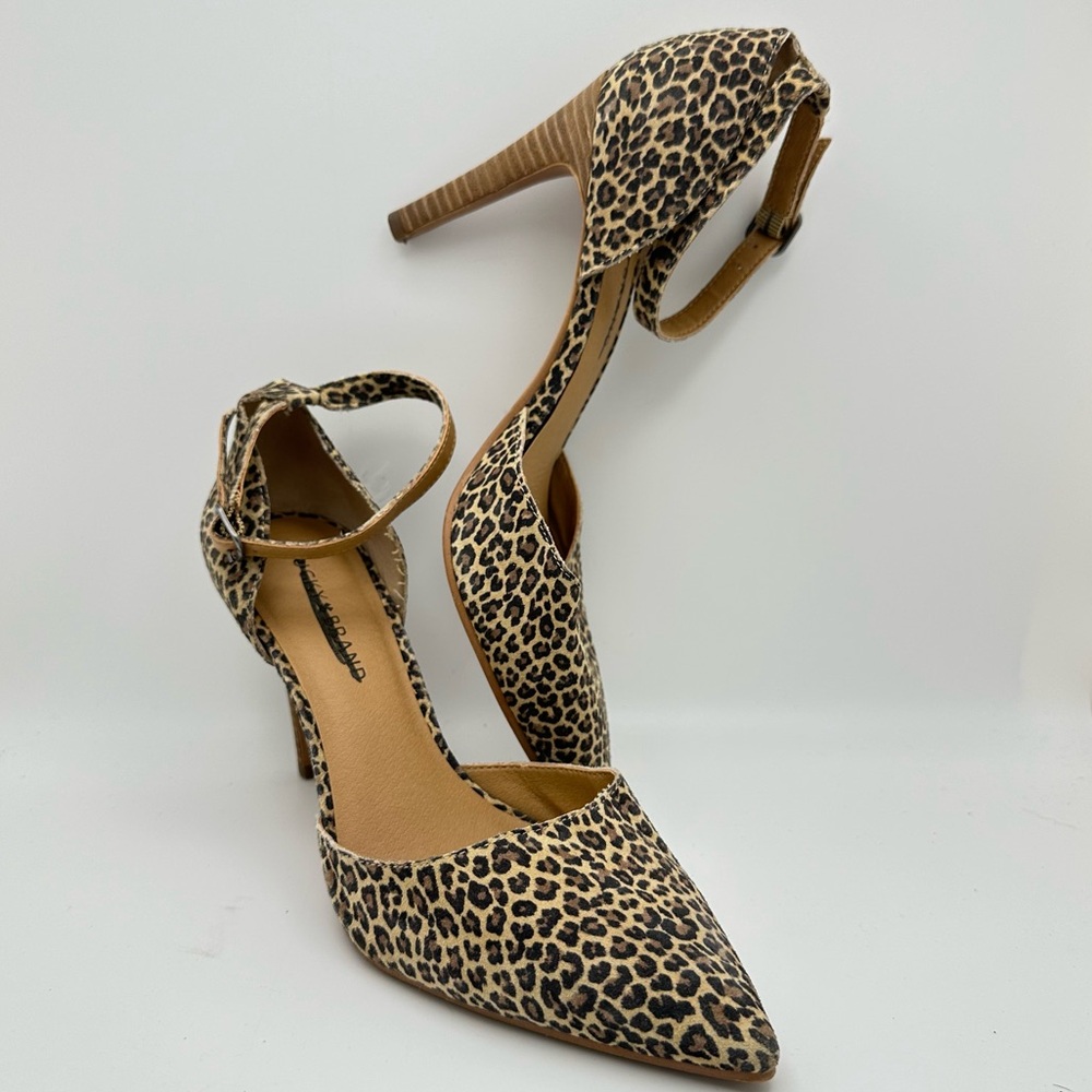 Lucky Brand Tukko Ankle Strap Heels Sz 9M/39 Leather Leopard Animal print
